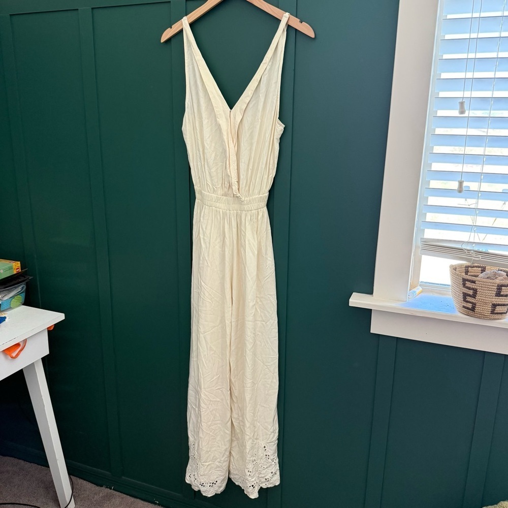 Tiare Hawaii Cream Jumpsuit Romper Cross Front Eyelet Hem Wide Leg